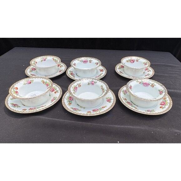 6 Antique Victoria Austria Porcelain Ramekins W/ Under-plates Floral Rare! -A60 - Picture 1 of 13
